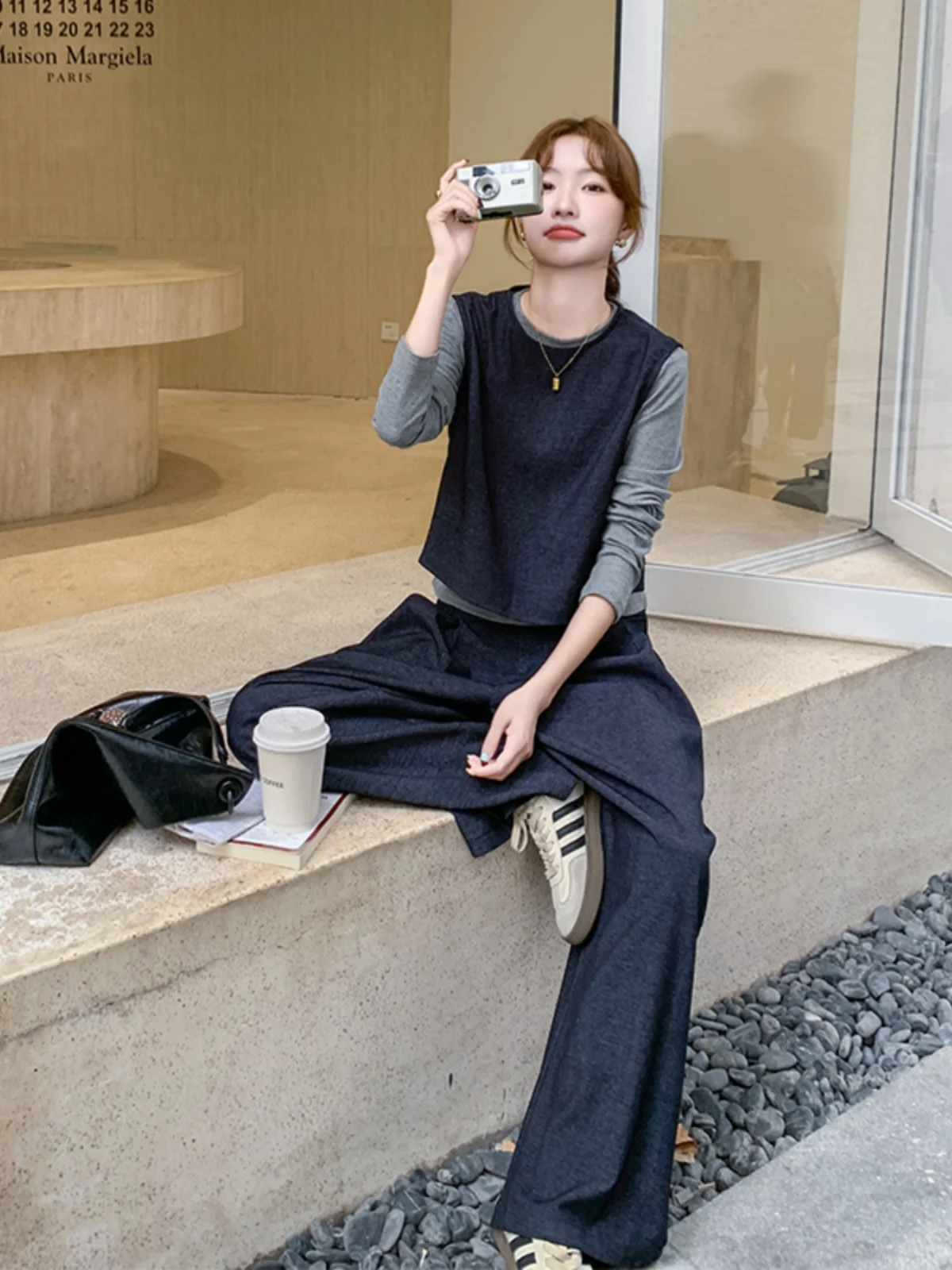 

Faionable Casual Women's Vest Wide Leg Pants Set Tee Pieces Autumn Collection Ele Sle T-irt Combo for Young Ladies