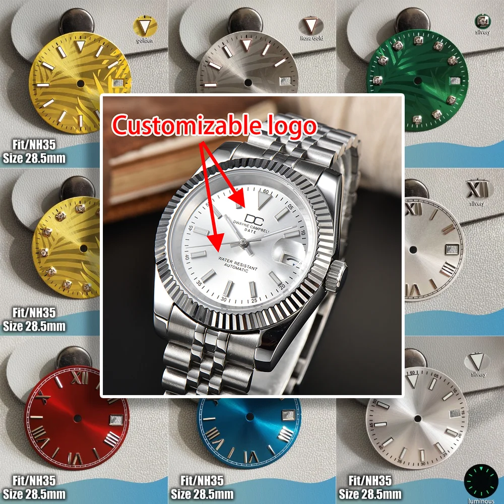 NH 35 Watch Dials 28.5mm Custom logo Dial Green Luminous Calendar Watch Face Accessories For NH 35 NH 36 Movements Part