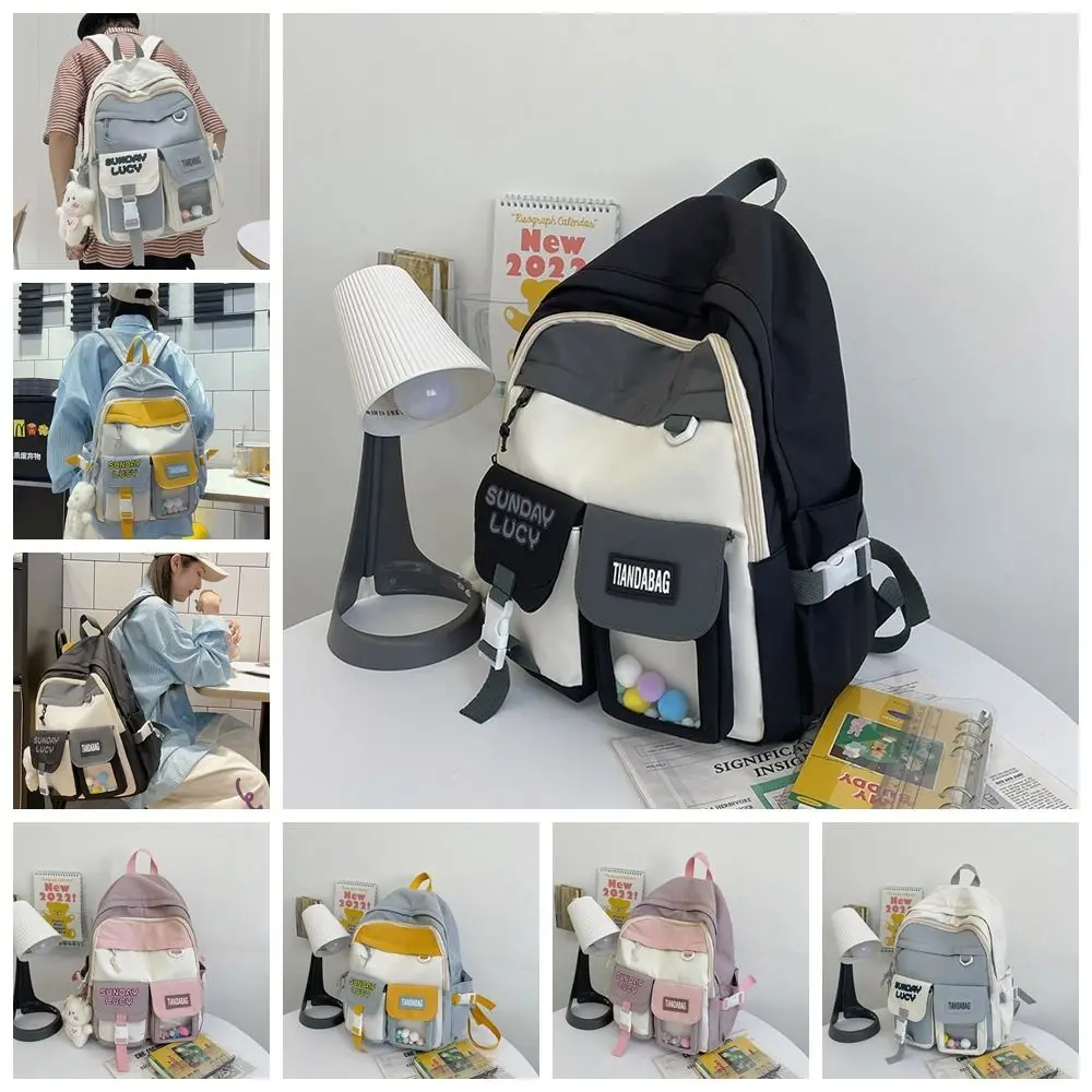 Trendy Nylon Large Capacity Backpack Double Zipper Commute Korean Style School Bag Canvas with Bear Pendant Casual Knapsack Kids