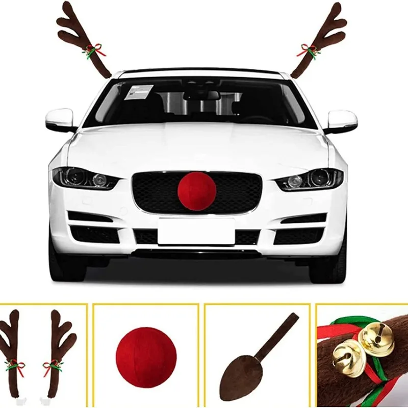 Cartoon Plush Reindeer Antlers Red Nose Christmas Car Decor Xmas Tree Candy Ornament Festival Automobile Interior Decoration