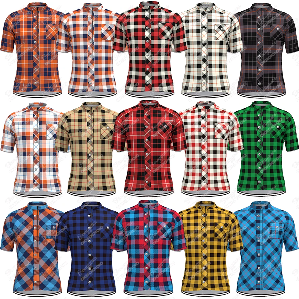 Plaid Checkered Shirt Cycling Jersey For Men Short Sleeve Reflective MTB Maillot Downhill Pro Team Mountain Bicycle Clothing