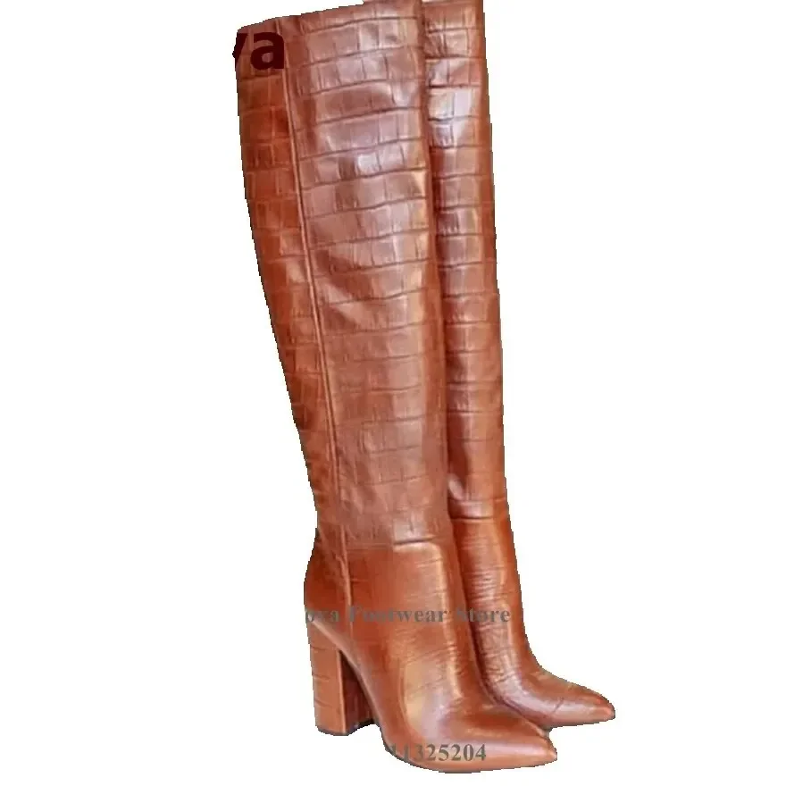 Surkova Brown Crocodile Pattern Chunky Heel Knee Boots Pointed Toe Snakeskin Square Heel Dress Boots Fall Winter Outdoor Shoes