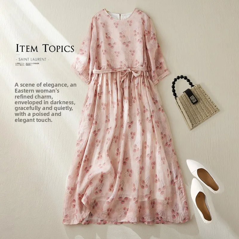 핑크 플로럴 코튼 린넨 롱 스커트 여성용 휴가 요정 스타일 라운드 넥 루즈핏 허리 여유 통근 스타일 여름 원피스