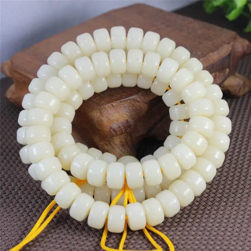 108Beads Natural White Bodhi Barrel Prayer Beads Mala Talipot Palm Bodhi Meditation Strand BRO658