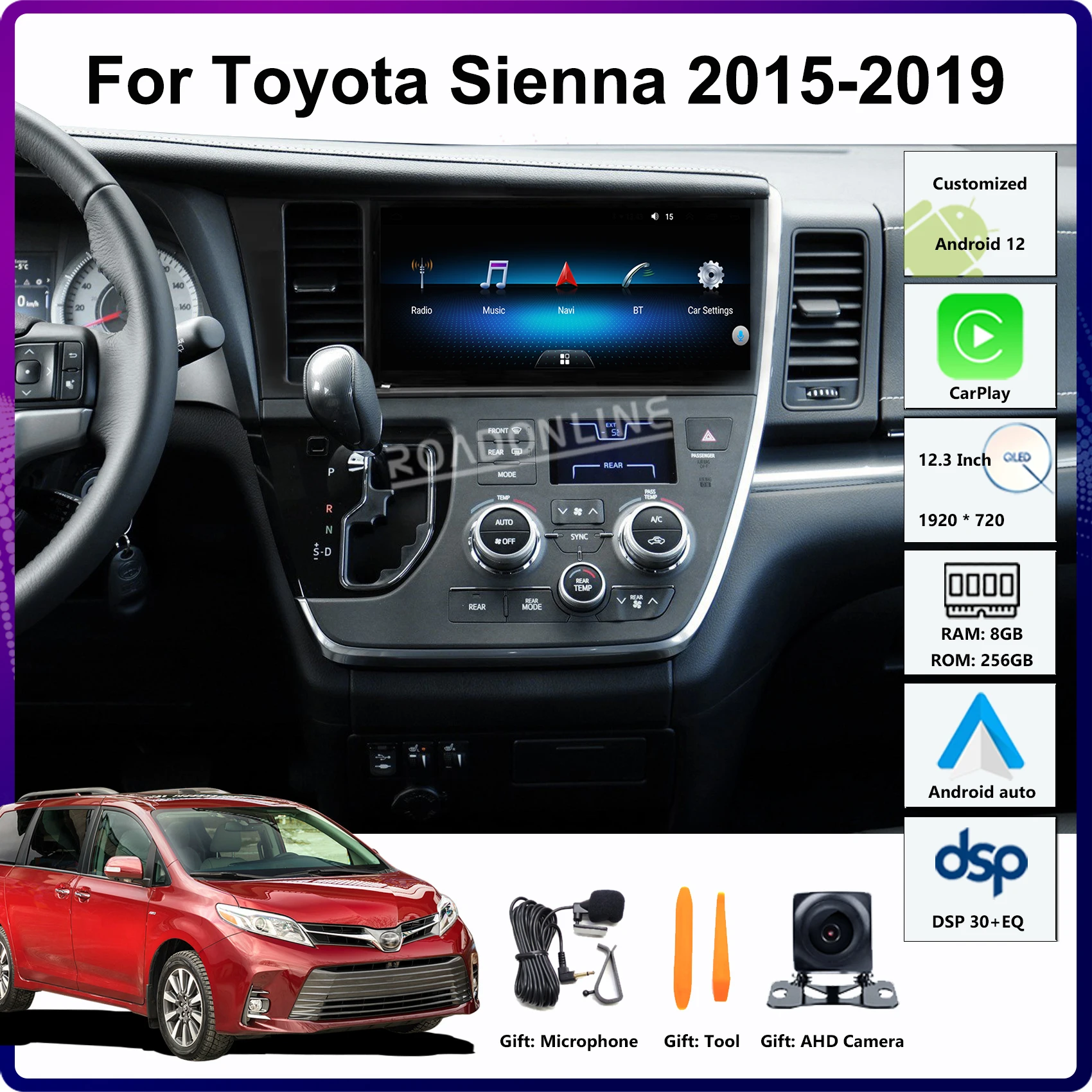 12.3 pollici Android 12 per Toyota Sienna 2014-2019 8-core 1920*720 8 + 256GB GPS Car Multimedia Player ricevitore Radio Stereo CarPlay