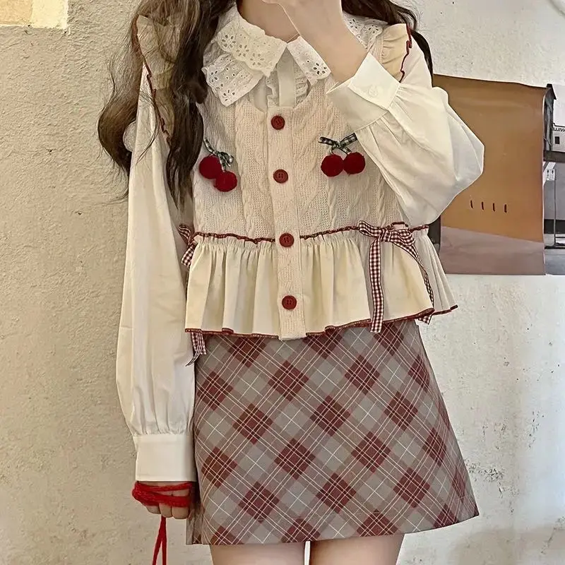 Kimotimo Cute Cherry Bow Knit Vest Women Japanese Kawaii Ruffle Sleeveless Single Breasted Waistcoat Top Autumn Outer Short Pull