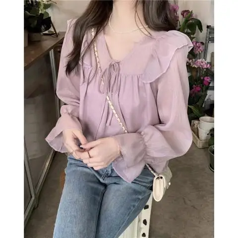 Sweet Chiffon Top Women\'s Ruffled Loose Lace Up Shirt V-neck Design Sense Niche Long Sleeved Shirt