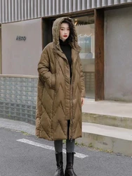 Long Hooded Jackets for Women, 90% White Duck Down, Thickened Coats, Loose Warm Outerwear, Large Size, Winter Fashion, New