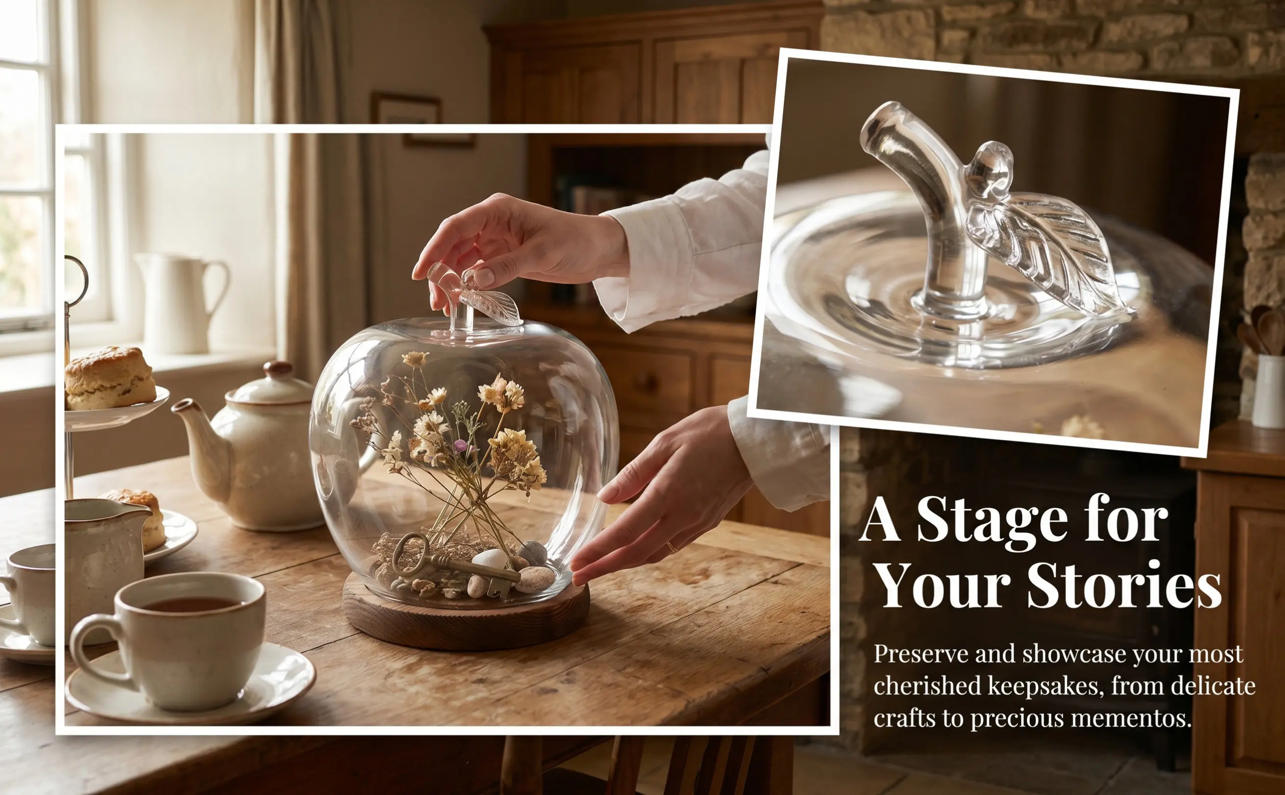 Glass Dome Display Cloche with Wooden Base for Preserved Flowers, Desktop Decor & Craft Projects