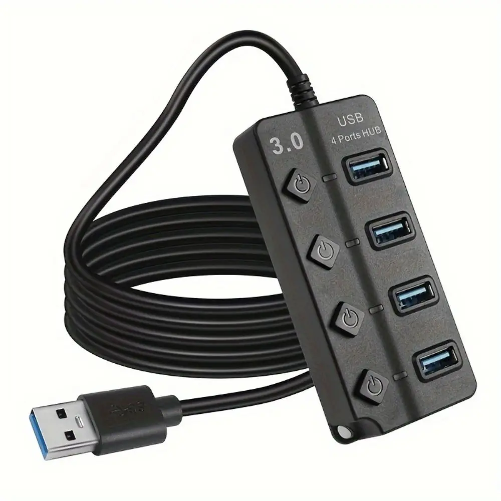 4 Port USB 3.0 Hub With Switch Power Adapter Multiple Expander Hub Long Cable 5Gbps High Speed USB Docking Stations For PC
