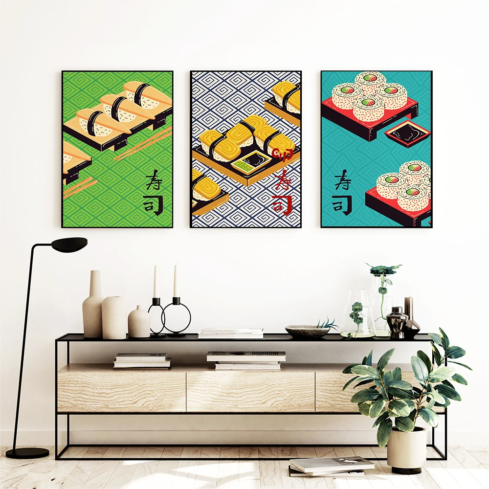 Japanese Sushi Foods Sign Poster Trendy Retro Nostalgic Uni Nigiri Sushi Canvas Painting Kitchen Restaurant Wall Decor Print