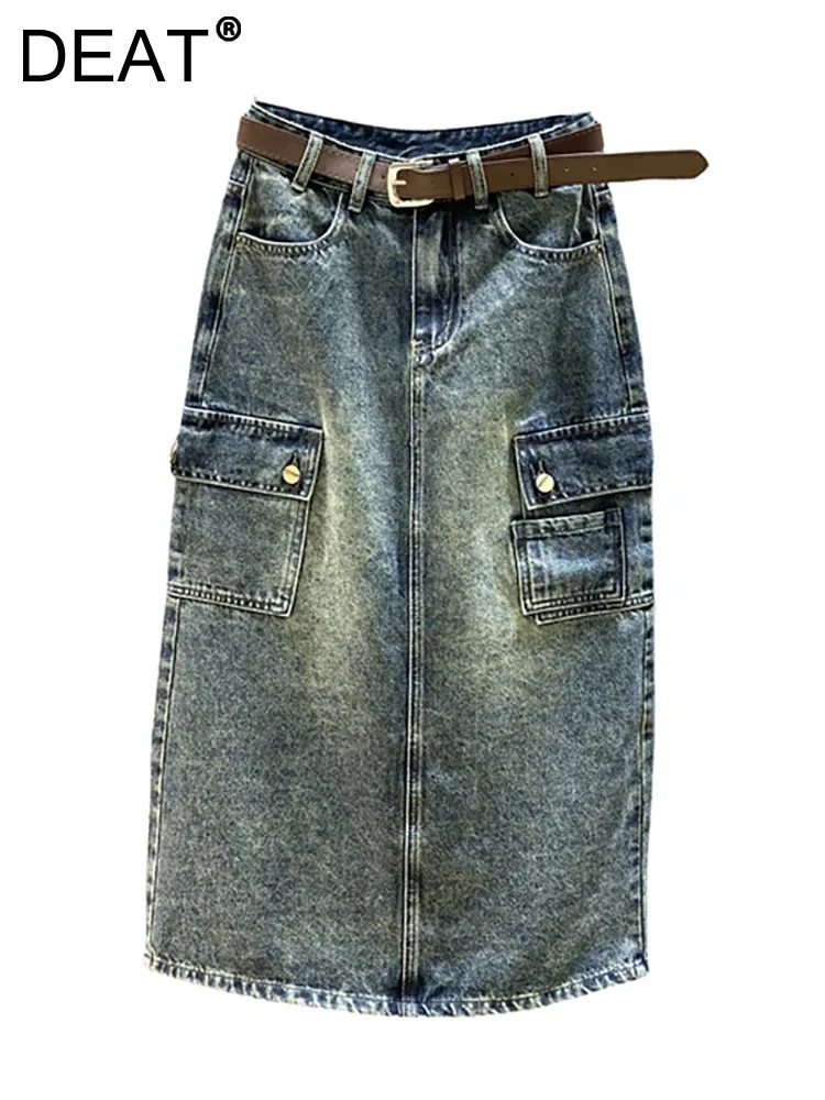 

DEAT Women Denim Skirt Washed Blue Vintage Multiple Pockets A-line High Waist Split Cargo Skirt 2024 Autumn New Fashion 29L8021