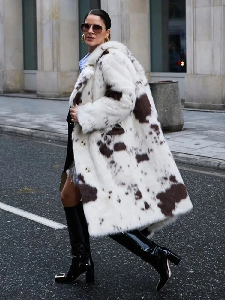 2024 Chic Leopard Spotted Faux Fur Long Coatสําหรับผู้หญิงElegant Fluffy Plush Thicken Warm Lapel Overcoatฤดูหนาวแฟชั่นOuterwear