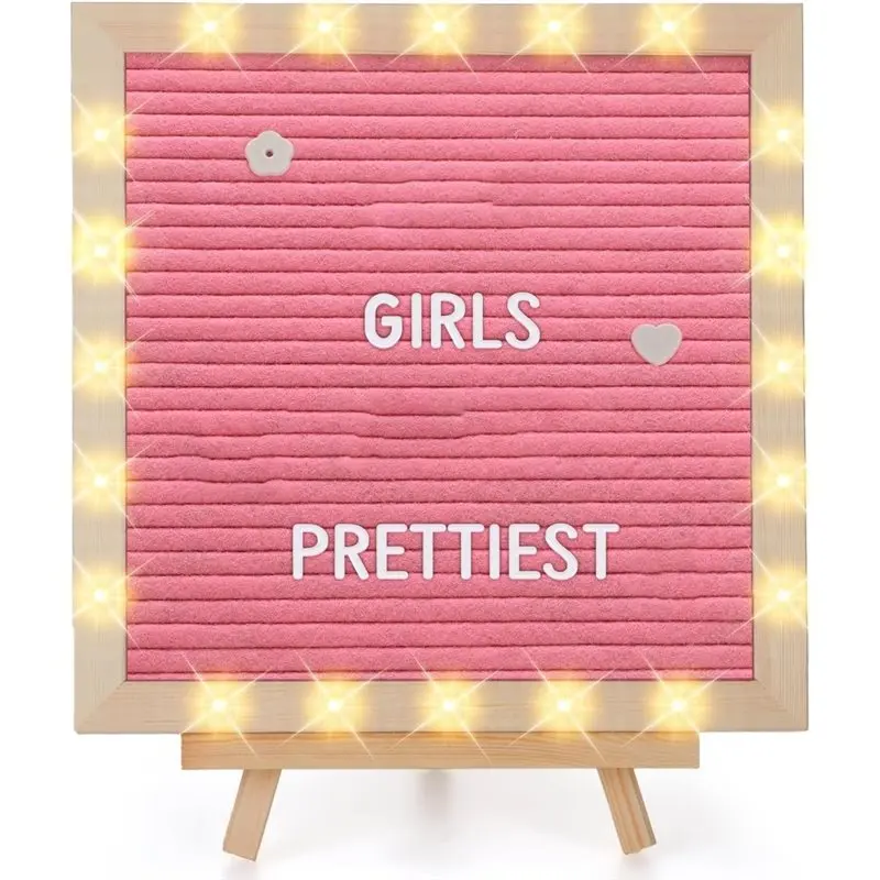 AB66-Replaceable Felt Letter Board With LED Lights, Wooden Message Board, Handmade Standing LED Light Message Board
