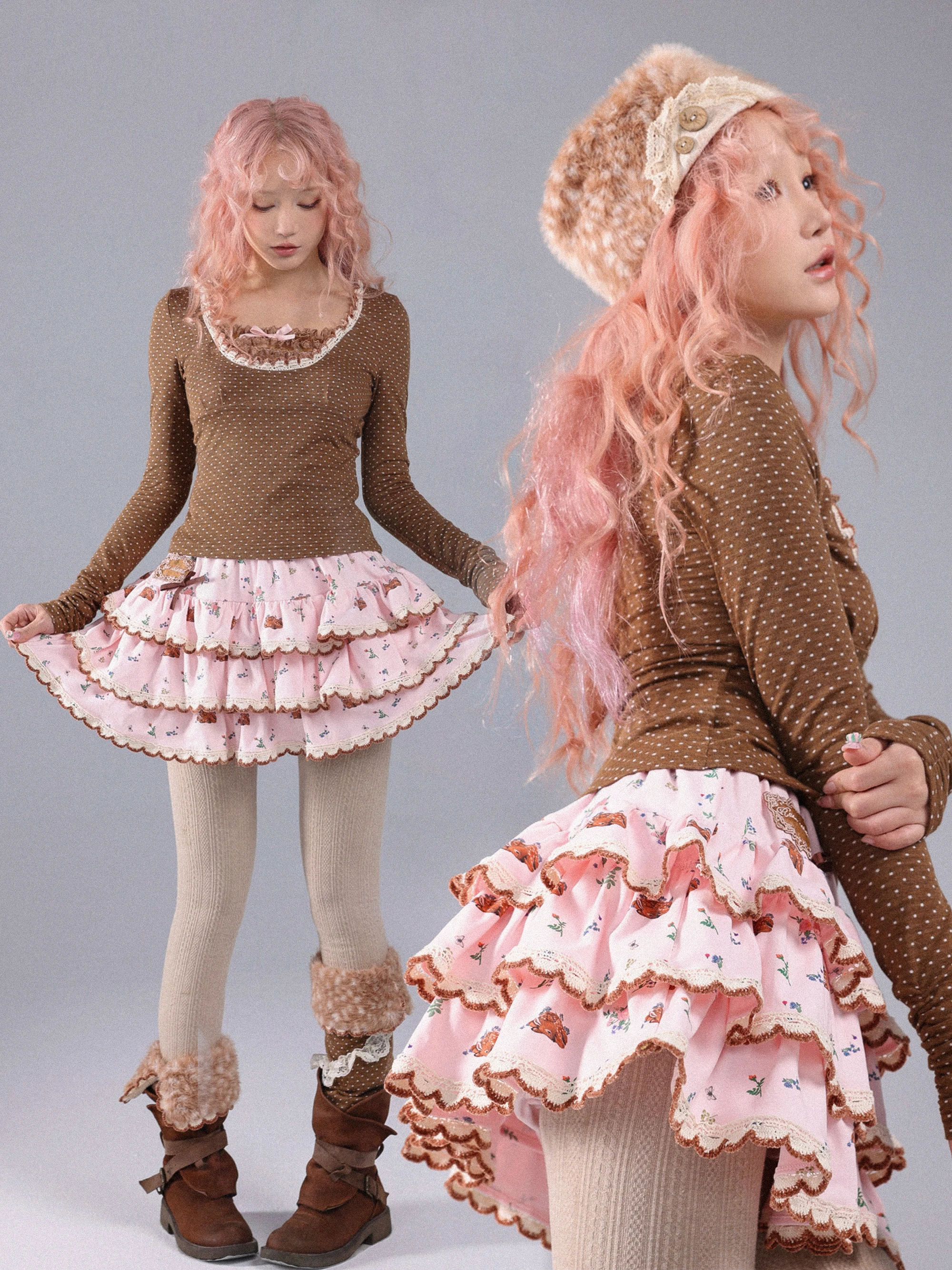 

Rose Island ort Cake Skirt with Floing Se Pants Irregular Multi-layered Printed Deer Urban Commute Casual Ciwalk