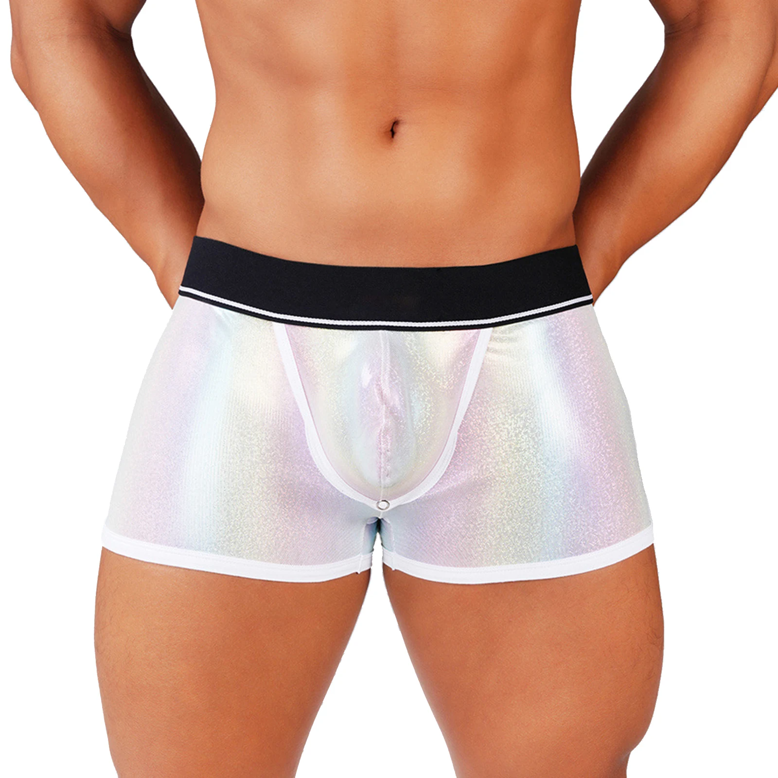 Men Shiny Metallic Boxer Shorts Cut Out Pouch with Cover Open Back Low Rise Underwear Briefs Fancy Lingerie for Couple Games