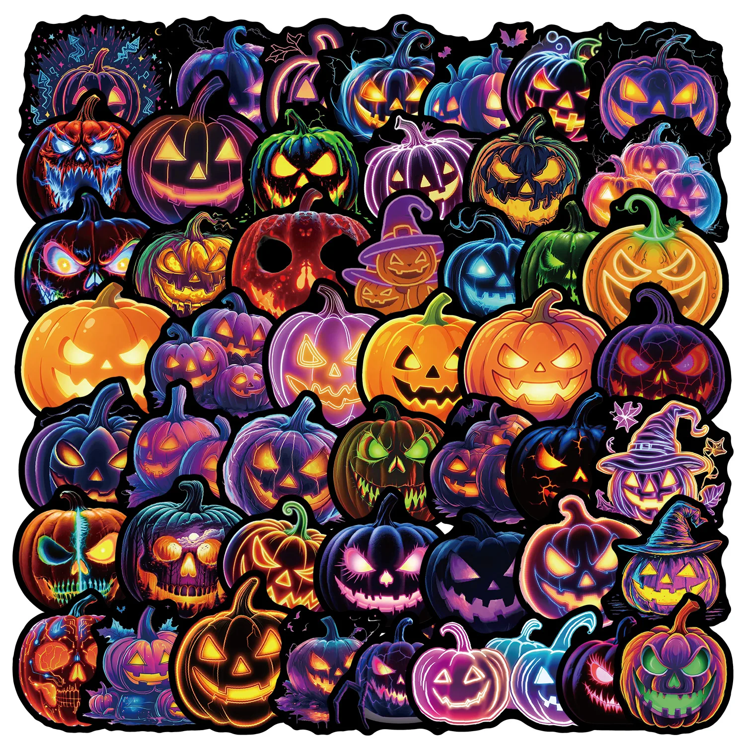 50PCS Cartoon Neon Halloween Pumpkin Sticker DIY Decoration PVC Waterproof Skateboard Notebook Graffiti Toy
