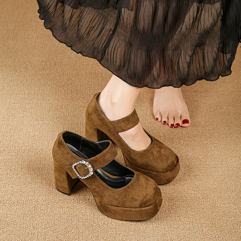 Thick-soled, Chunky Heel, Round-head Rhinestone Fastening Versatile, Comfortable, Anti-slip, Breathable Women's Single Shoes