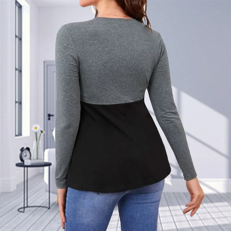 European and American round Neck Long Sleeve Patchwork Pocket Pregnant Woman Breastfeeding T-shirt Top 2024