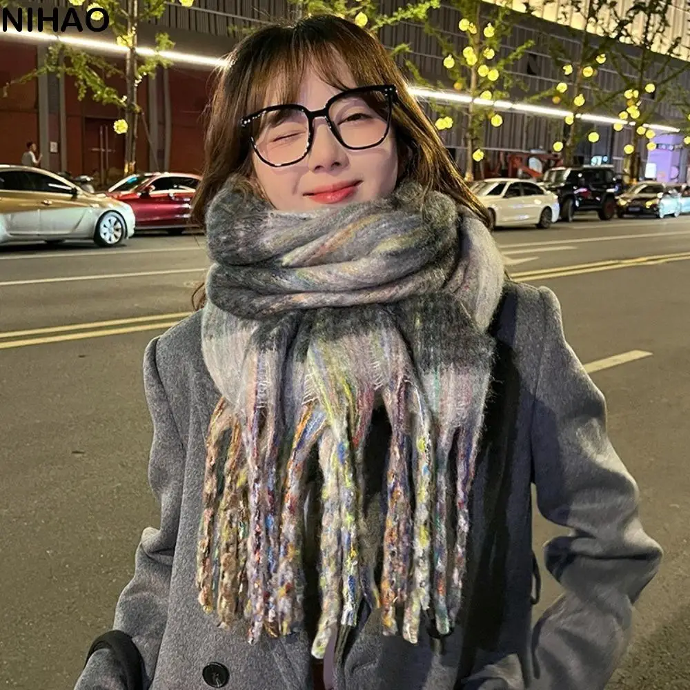 

Korean Style Plaid Mohair Scarf Thickened Windproof Winter Cashmere Shawl Keep Warm Neck Wrap Imitation Cashmere Scarf Women/Men