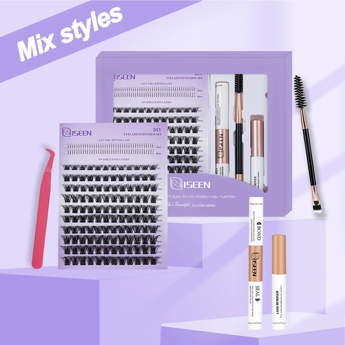 Eyelash Clusters Kit Gift 3 Boxes Lash With Bond&Seal Volume Fluffy Soft Eyelash Extension C Curl Wispy Natural for DIY