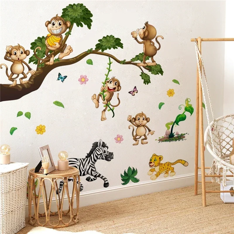 Cartoon Monkey Vinyl Wall Sticker for Kids Rooms Children's Room Boys Bedroom Wallpaper Baby Room Decoration Jungle Animal Mural