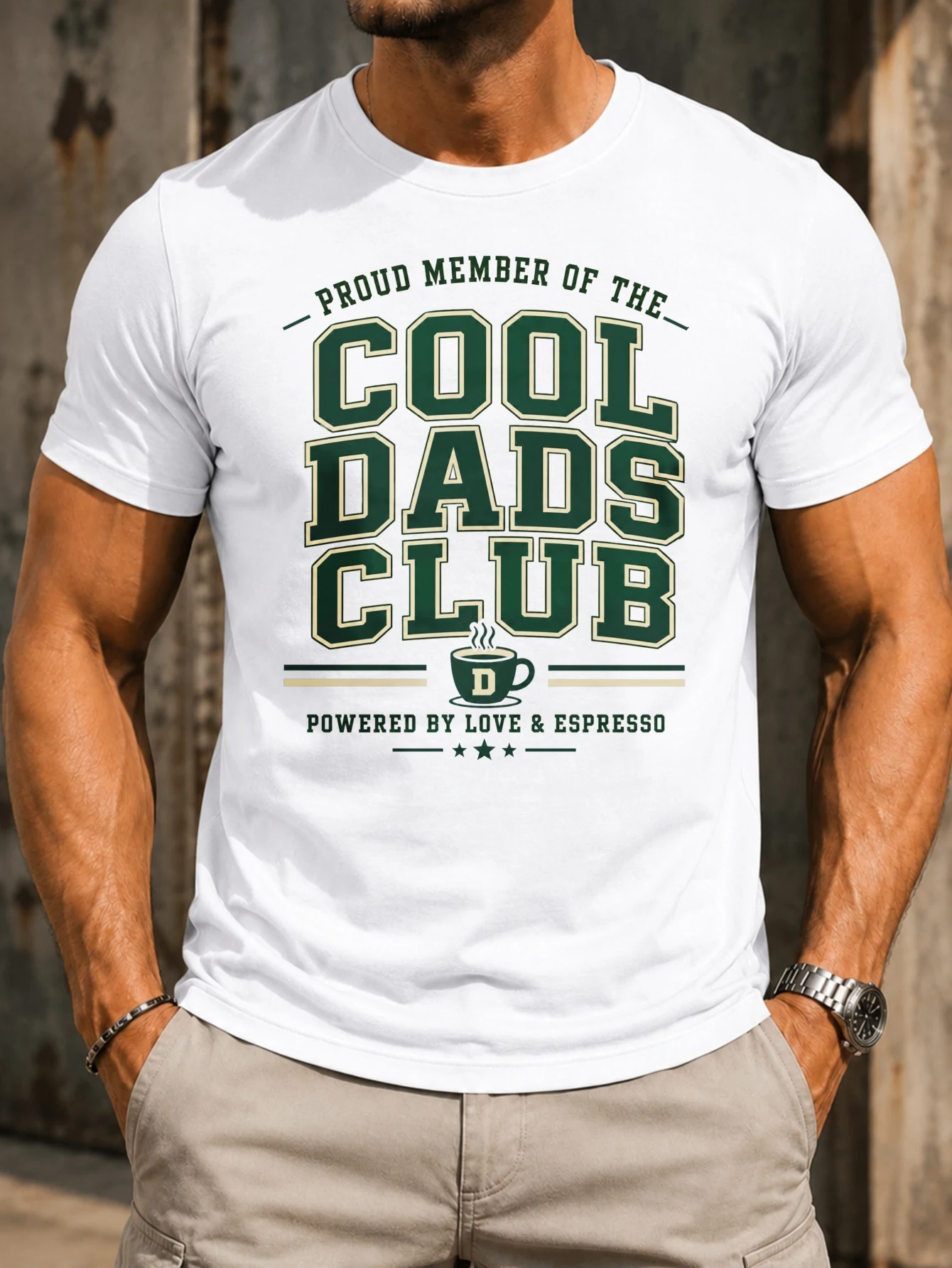 Proud Member Of The Cool Dads Club  varsity block letters D coffee cup  green college style Unisex  Unisex All T-Shirt