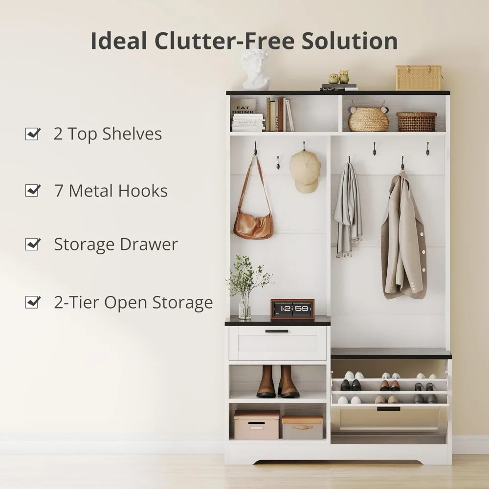 شجرة القاعة مع مساحة تخزين للأحذية، رف معطف خشبي منظم للمدخل مع 7 خطافات للباب الأمامي (كسب الخشب الأسود)