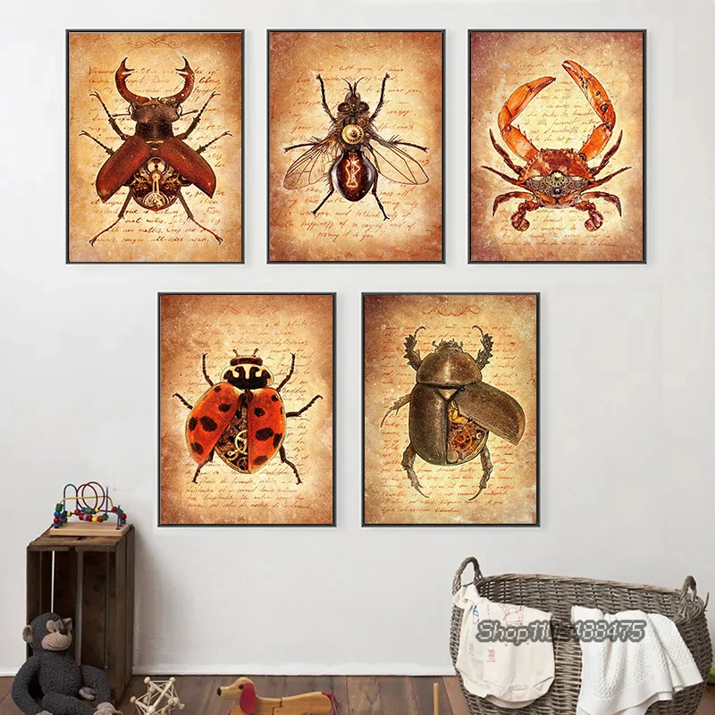 Wall Art Home Decor Clockwork Creatures Series Poster Institute Laboratory Research Room Decor Ladybug Insect Canvas Painting