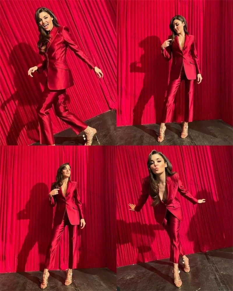 Traje de satén rojo para mujer, conjunto Formal de oficina, chaqueta y pantalones, esmoquin de boda, vestido de graduación hecho a medida