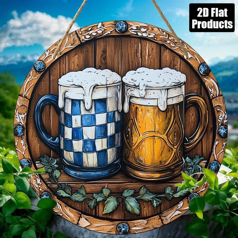 Décoration murale circulaire en bois 2D, thème chopes de bière, en bois recyclé artificiel, style bavarois, inspiration allemande