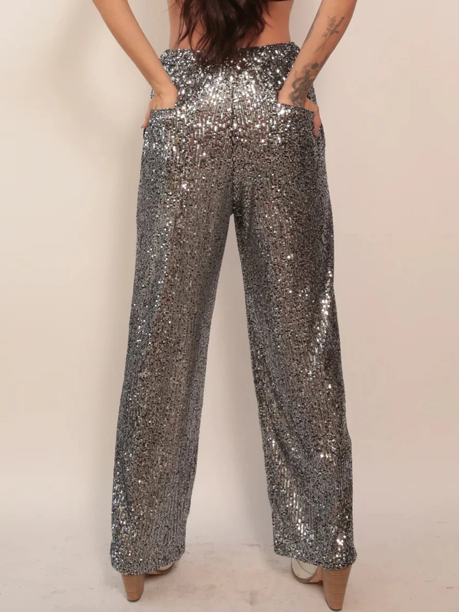 

Womens Leg Sequin High Waist Wide Sparkle Bling Glitter Elastic Loose Flare Bell Bottom Shiny Pants Clubwear Pants