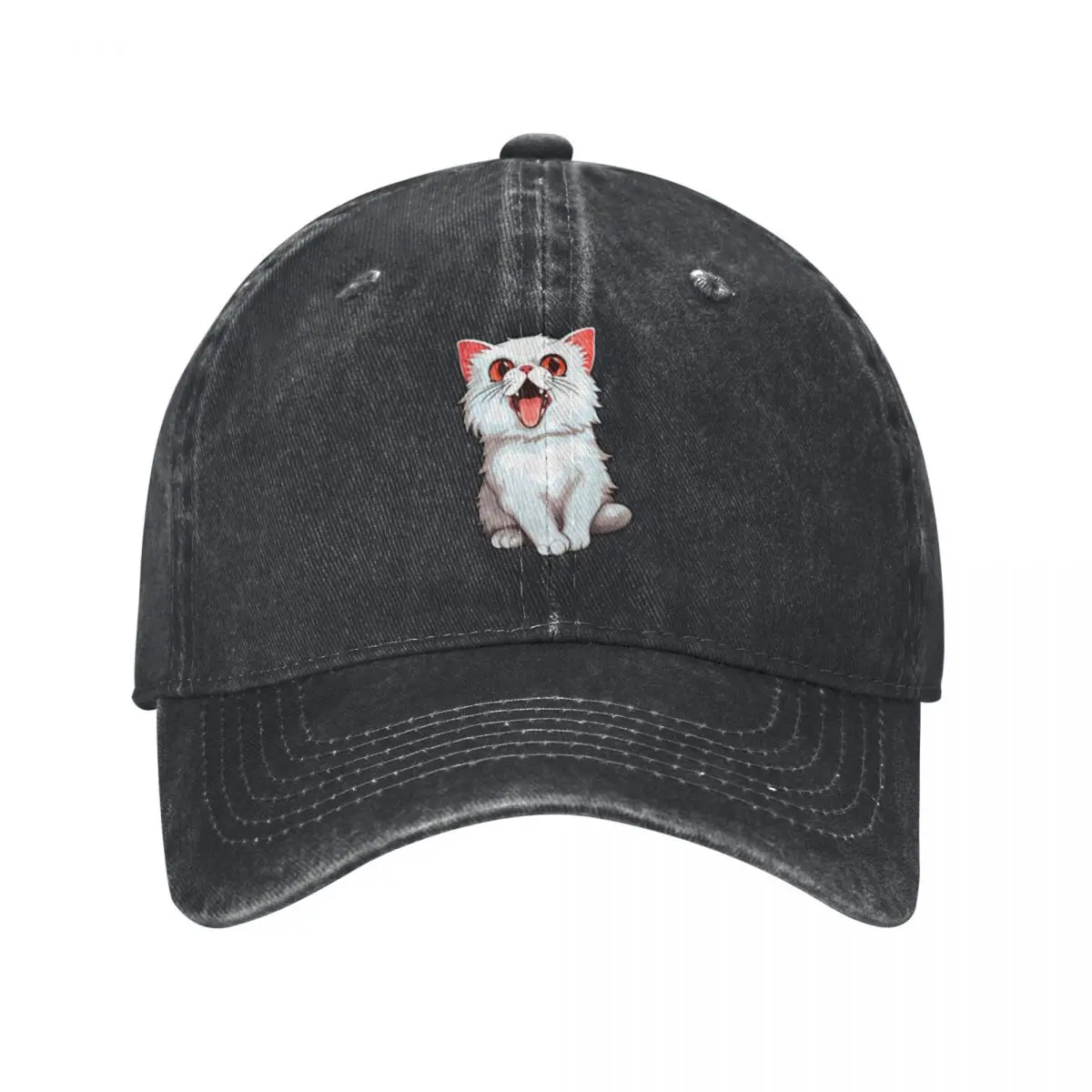 

White Cat Stickers Baseball Caps Vintage Denim Washed Headwear Unisex Style Outdoor Running Hats