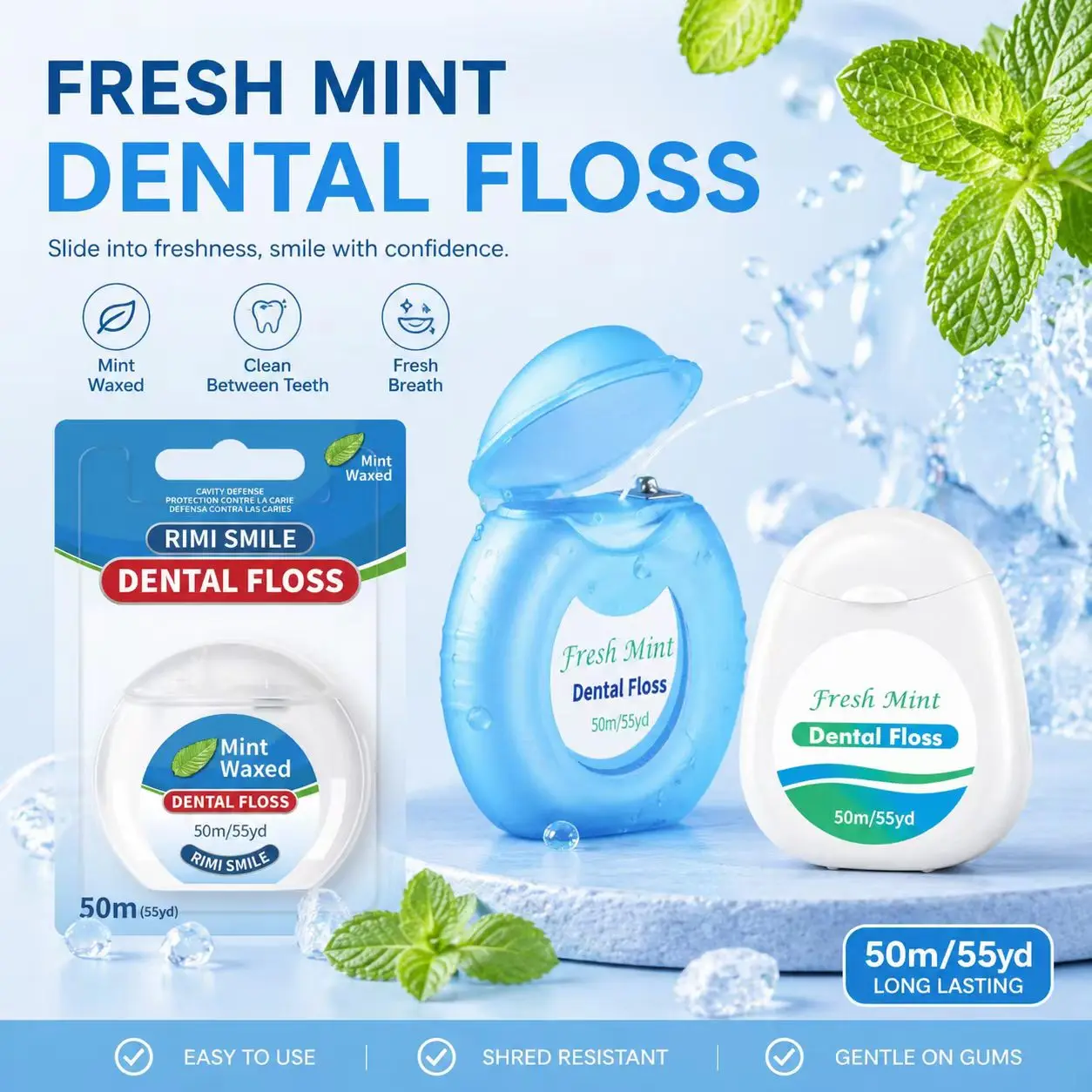 Mint Three rolls of dental floss roll smooth cleaning tooth gap remove food residue to prevent tooth decay Portable dental floss