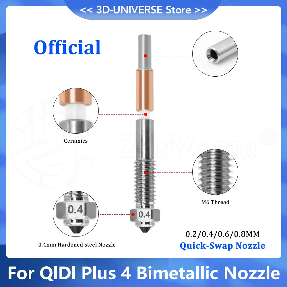 For QIDI Plus4 Bimetal Nozzle Quick Removal Ceramic Insulation Integration 0.2/0.4/0.6/0.8mm Nozzles HighTemperature Resistance