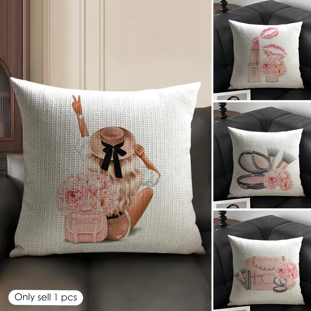Lip Gloss Patterns Cushion Cover Natural Linen Organic Fabric Double-Sided Printing Breathable Perfect Gift for Decor
