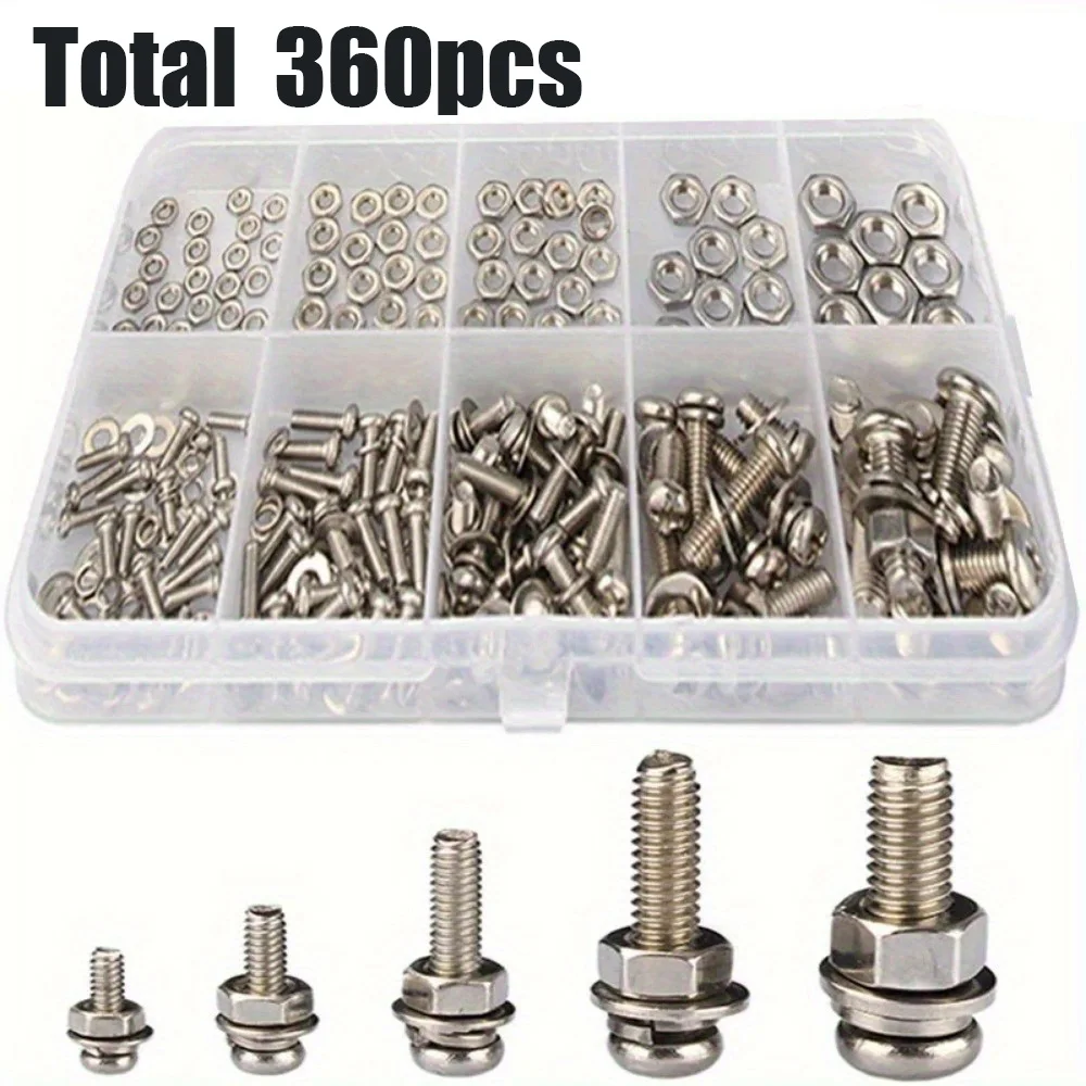 360-teiliges Edelstahl-Schrauben- und Mutternset mit Kreuzschlitz, M3/M4/M5, geeignet für Heimwerker und Reparaturen sowie Wartungsarbeiten.