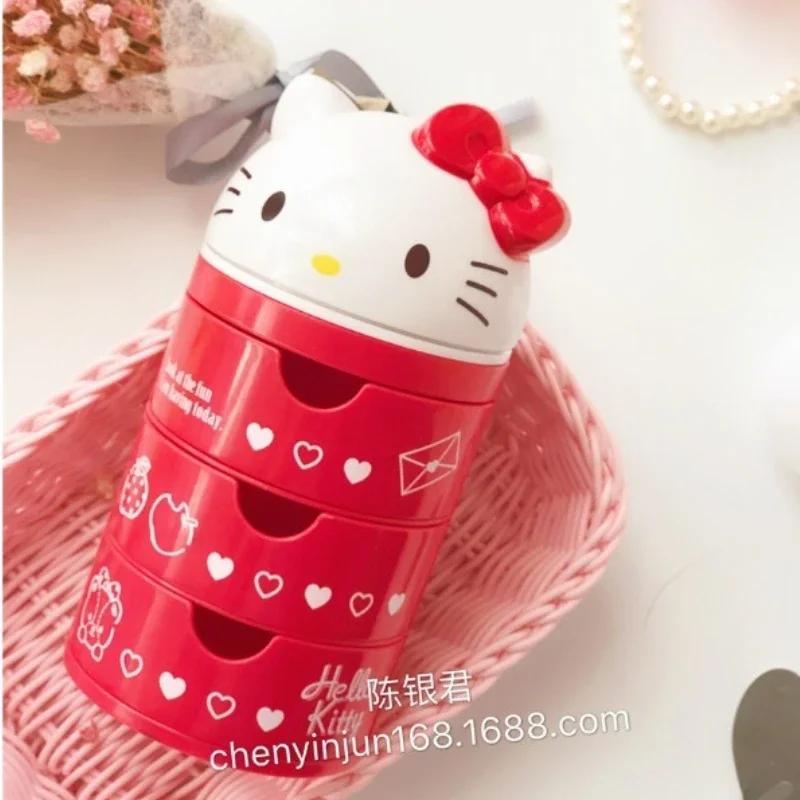 New Kawaii My Melody Head Shaped Jewelry Box Hello Kitty Flip Cover Three-layer Drawer Box Pom Pom Purin Desktop Storage Box