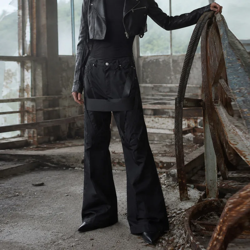 HKSH Spring Autumn New Men Tide Chic Dark Tied Bell-Bottom Floor-Length Nylon Casual Pants Ribbon Cargo Pants Women Y2K HK26078
