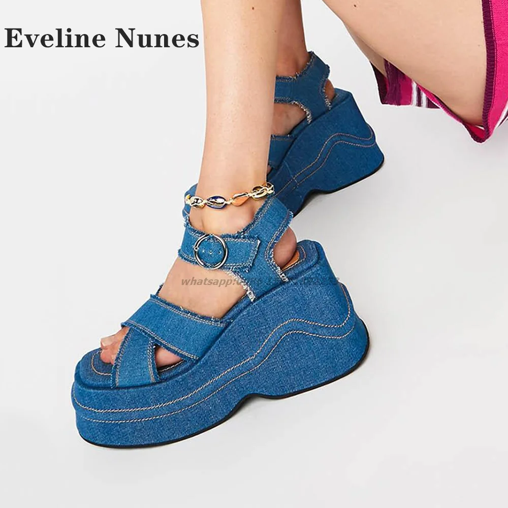 

Denim Wedges Cross Tied Sandals Peep Toe Height Increasing Platform Women Pantshoes Buckle Strap Solid Splicing Shoes Spicy Girl