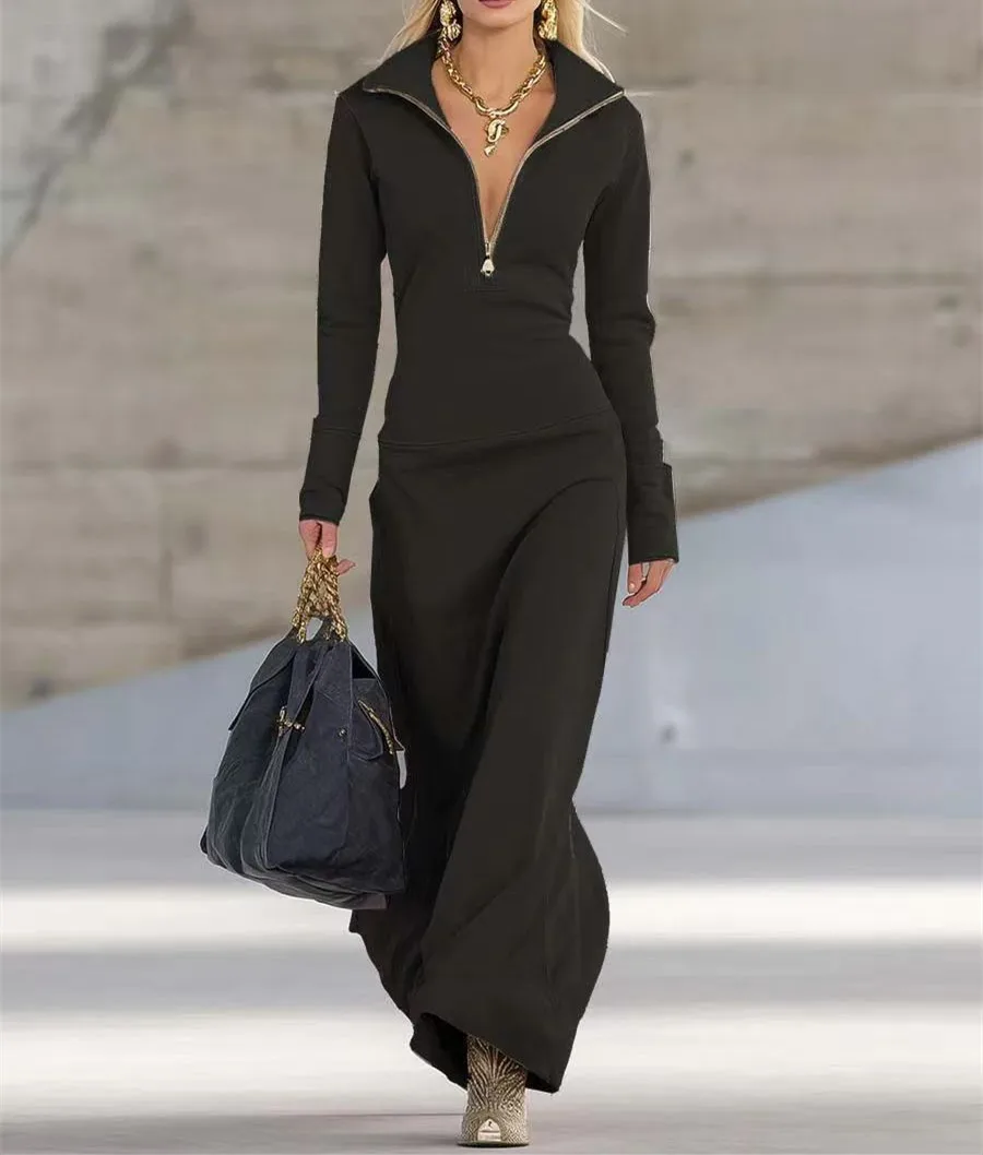ใหม่ฤดูใบไม้ร่วง/ฤดูหนาวแฟชั่นลำลองแขนยาวคอตั้งซิปสีทึบสลิมฟิตเดรสยาวถึงข้อเท้า,4 สี