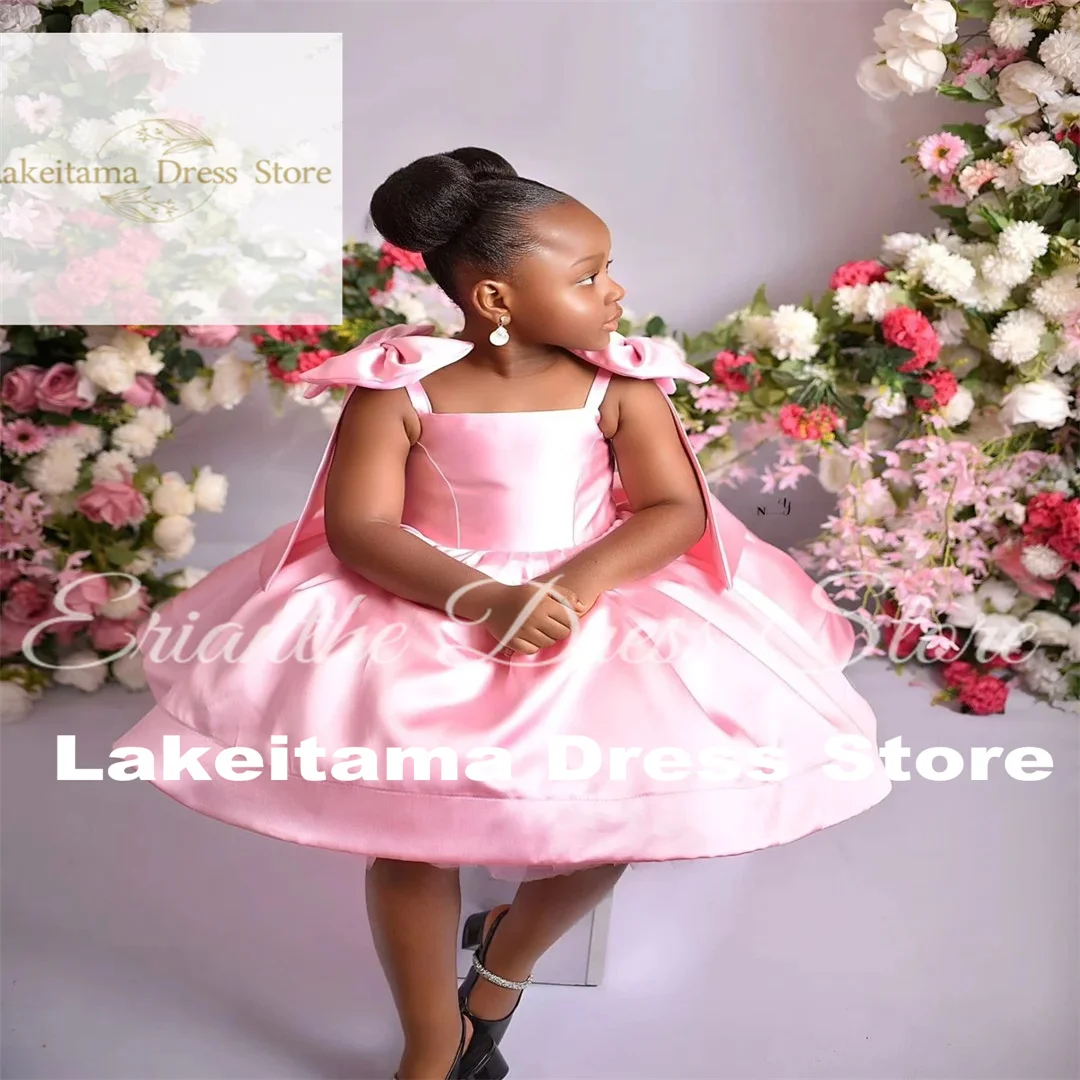 Customization  Satin Sleeveless Flower Girl Dress For Wedding Tulle Bow Kids Birthday Party First Communion Ball Gowns