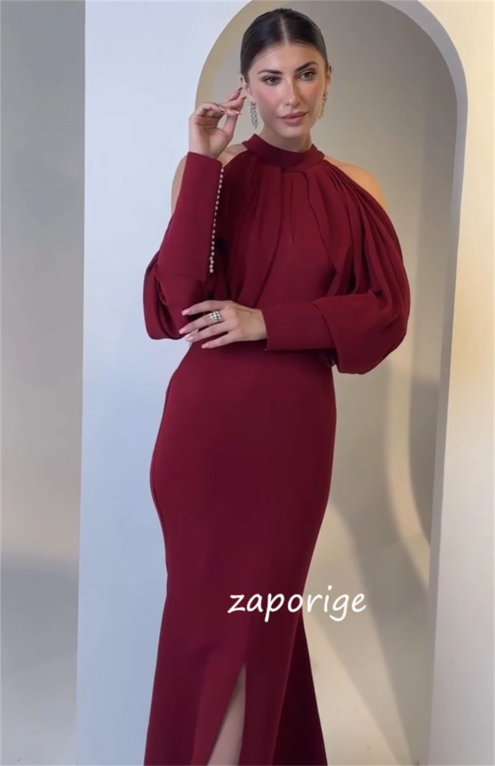 تخصيص أنيقة جيرسي زر الطية البوق الرسن فساتين طويلة مناسبة مخصصة مساء الأحجام الرسمية المتاحة