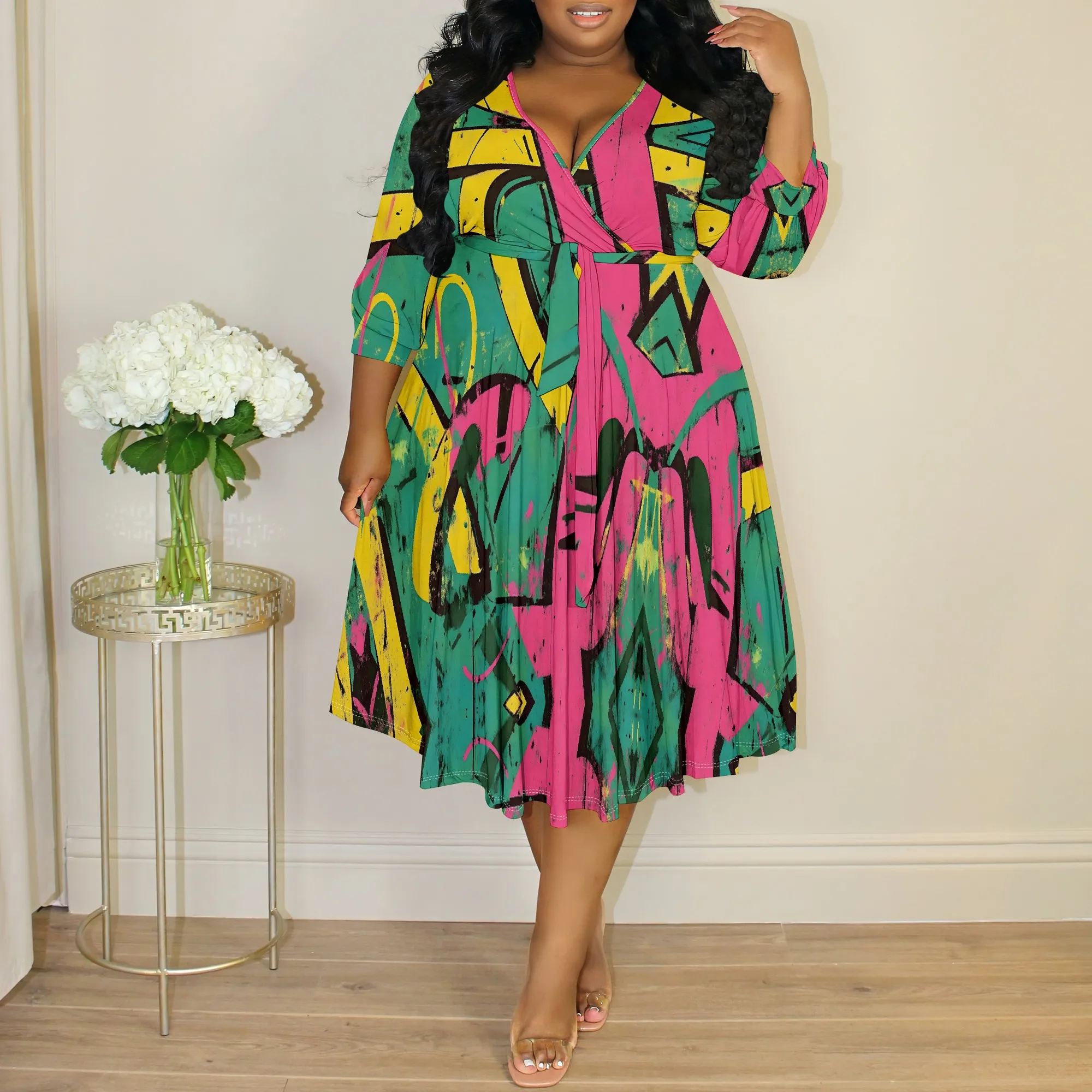 

Plus Size Women's Abstract Art Print Wrap Dress XL-6XL V-Neck 3/4 Sleeve Pleated A-Line Midi Dress for Cocktail Party