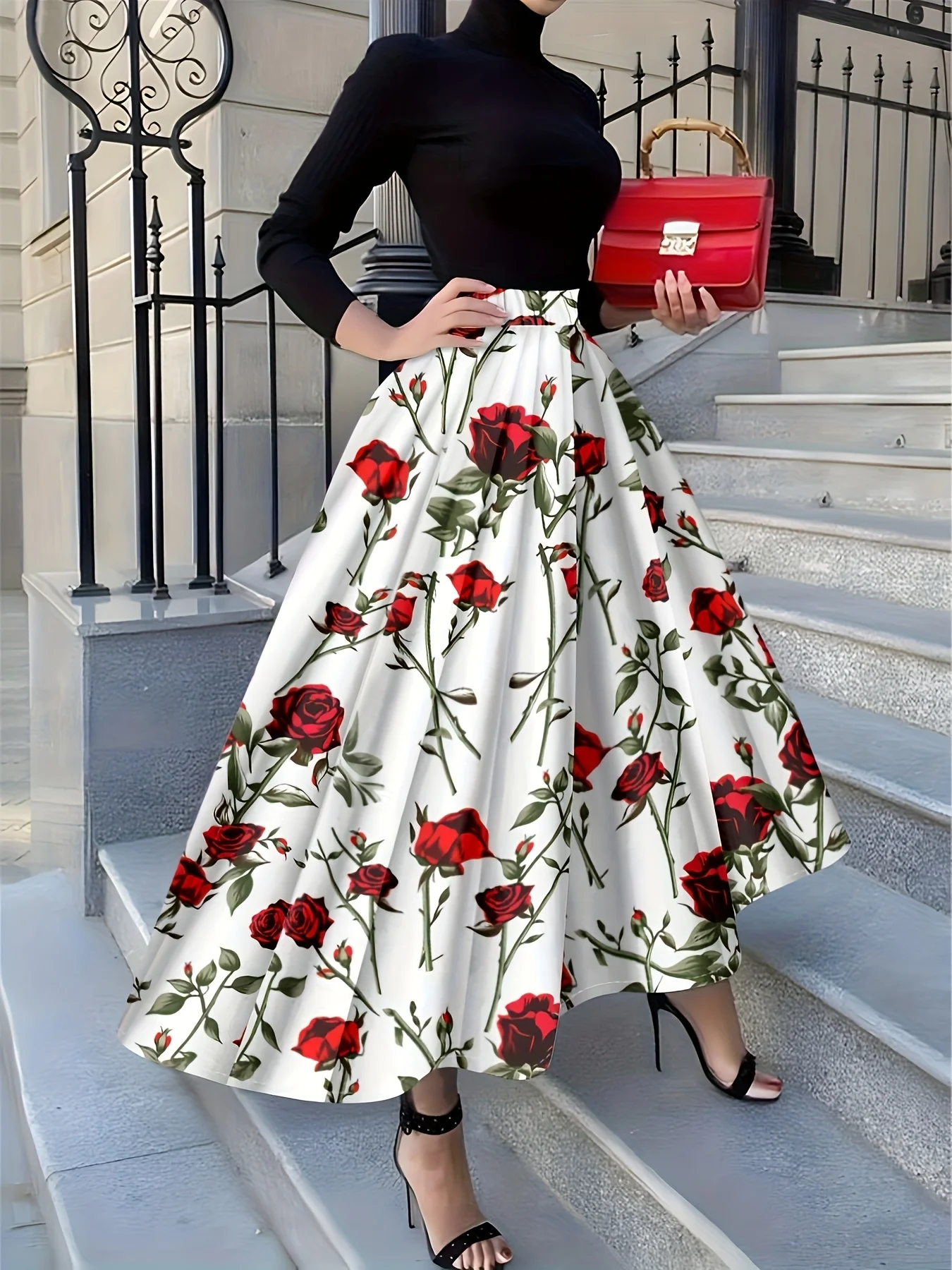 

Printed Design Four Seasons White Base Red Rose Holiday Style Half Skirt