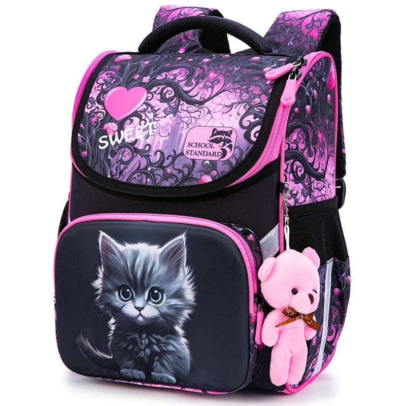 Mochila ortopédica para niñas, morral escolar con Gato de dibujos animados, para estudiantes de primaria, de grado 1, para niños, de 7 a 9 años