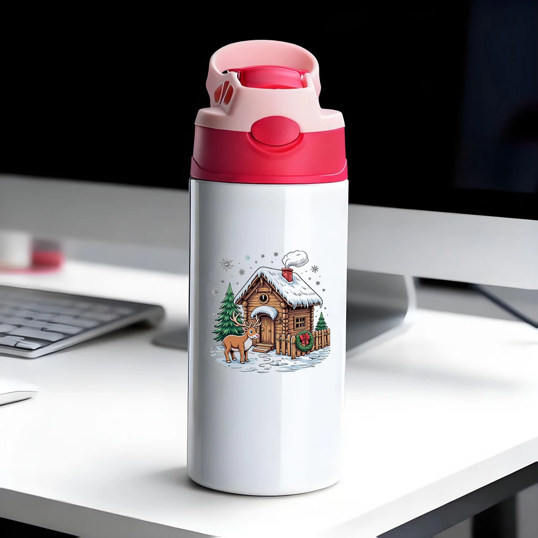 

304 stainless steel thermal cup cartoon illustration winter cottage theme childrens straw cup Christmas gift cozy reindee