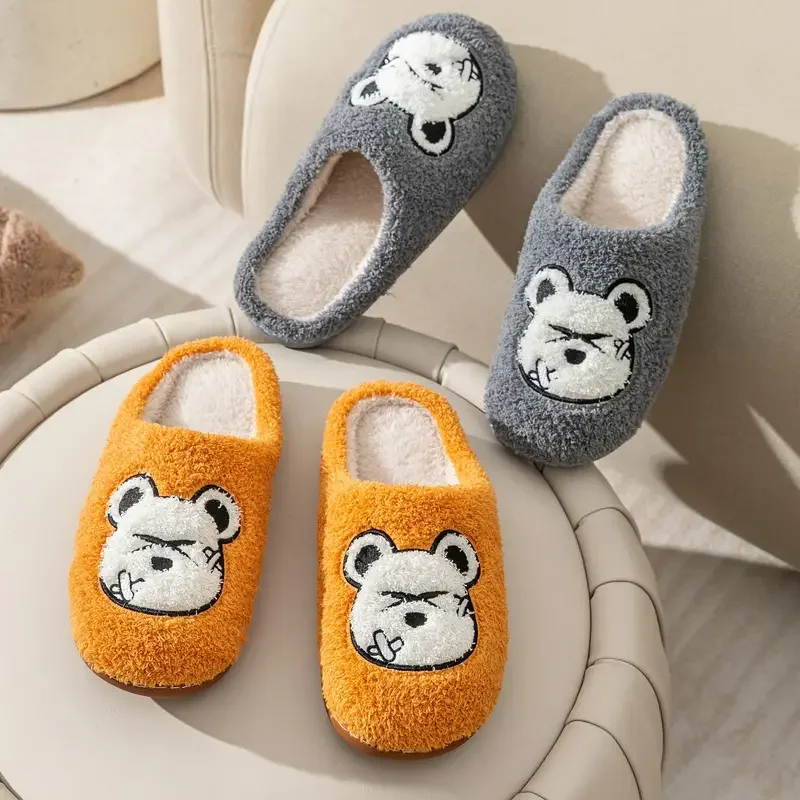 Bonito urso padrão casa chinelos de pelúcia macia aconchegante casa chinelos anti-skid deslizamento-em sapatos interior para homens sapatos de inverno novo