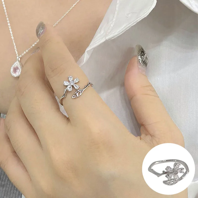 

100% 925 Sterling Silver Zircon Flower Open Ring for Women Girl Hollow Out Leaf Plant Design Jewelry Party Gift Dropshipping