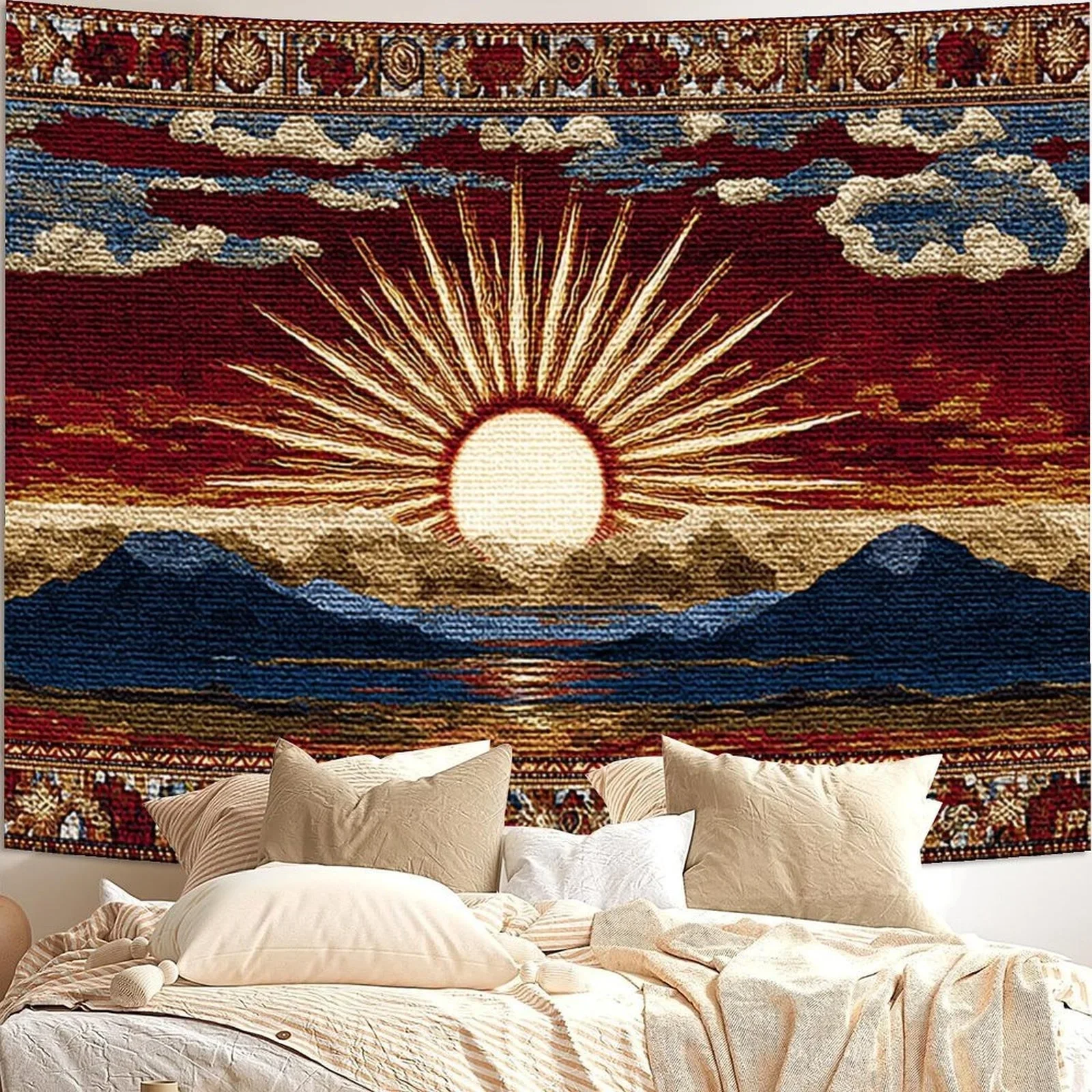 VIKAMA Bohemian Vintage Sunrise Mountain Tapestry Medieval Weaving Wind Sun God Printed Retro Style Vintage Decor